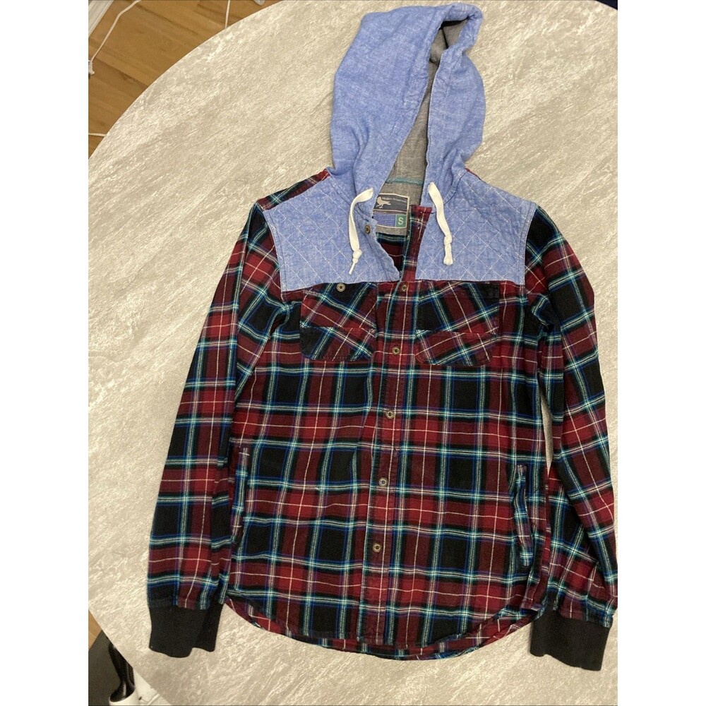 Modern Amusement Flannel Hoodie Shirt Jacket Men's Size S Red Black Blue Plaid